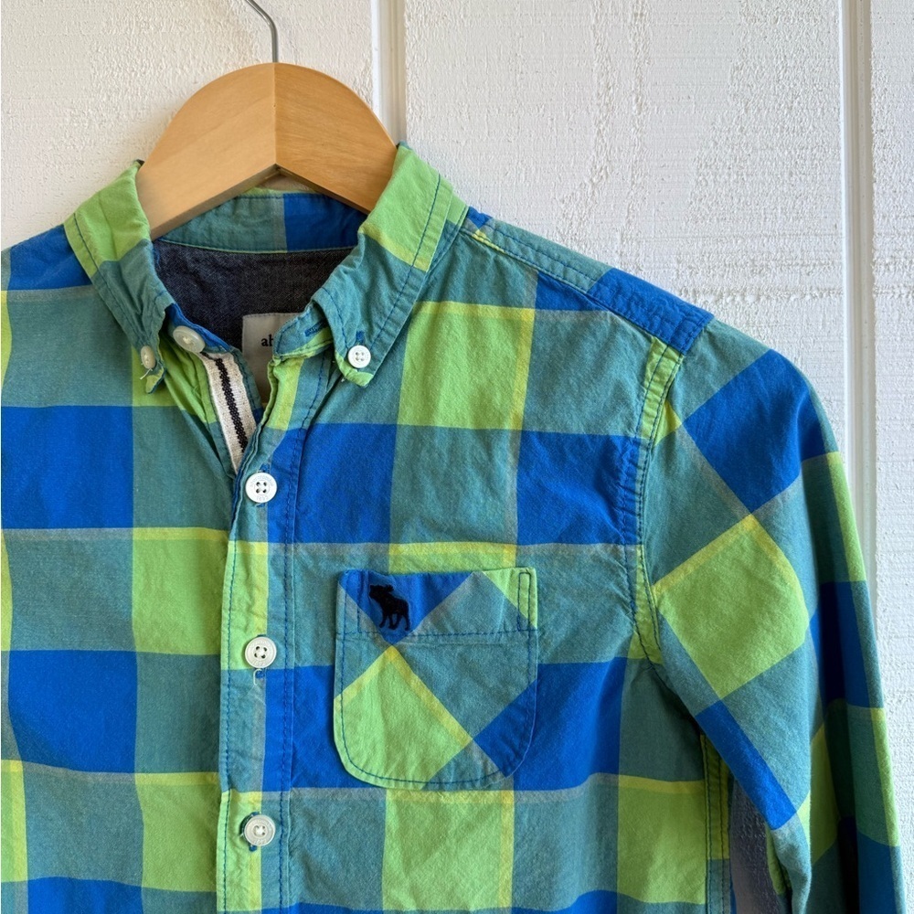 Abercrombie Kids Boys Blue and Green Checkered Button Up Shirt Size 9/10 Y2K - Picture 3 of 5